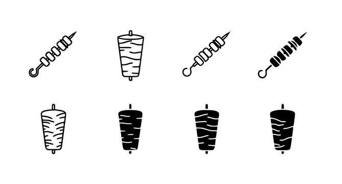 Doner kebab and shawarma meat spit vector icons set showing vertical rotisserie meat and skewers for middle eastern food menu and restaurant branding design projects in black and white style