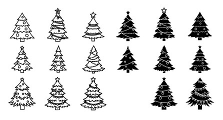 Obraz premium Christmas tree vector collection with various decorative ornaments in line art and solid black silhouette styles for festive holiday greeting cards and seasonal celebration graphic design projects