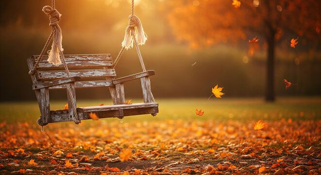 Rustic wooden swing in golden hour autumn garden with falling leaves, evoking nostalgia and childhood memories with copy space