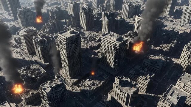 Aerial view of a destroyed city with fires and smoke