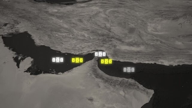 Strait of Hormuz Oil Shipping Path Orbit Map Animation. Rotating View of Oil Tanker Route Between Iran and Oman, Global Energy Trade Visualization &ndash; Vox Style Map Animation in 4K
