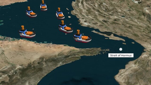 Strait of Hormuz Ships Cinematic Satellite View Map Animation. Oil Tankers and Shipping Traffic Between Iran and Oman, Global Maritime Trade Route &ndash; Vox Style Map Animation in 4K