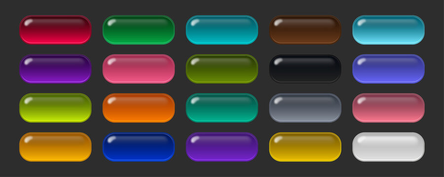 Glossy Rounded Rectangular Web Buttons Set in Vibrant Gradient Colors with Jelly Glass Effect, Editable AI file