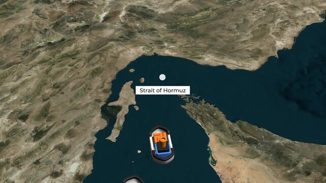 Strait of Hormuz Ships Cinematic Satellite View Map Animation. Oil Tankers and Shipping Traffic Between Iran and Oman, Global Maritime Trade Route &ndash; Vox Style Map Animation in 4K