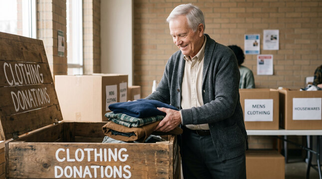 Elderly man smiling while donating clothes in a community center