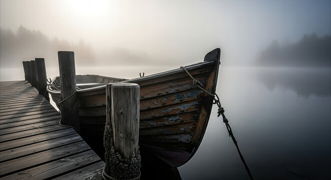 Old wooden rowboat tied to a rustic pier in a dense fog on a calm lake, evoking peace and solitude