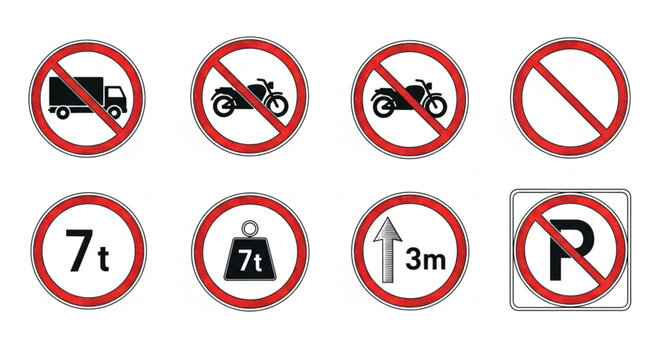 Collection of various traffic and road signs.