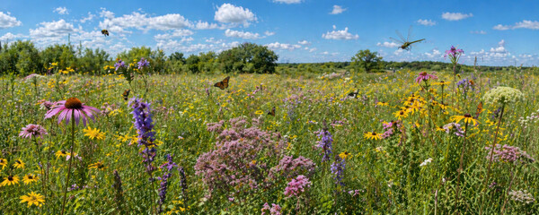 Native Wildflower Prairie Meadow Supporting Pollinators and Biodiversity