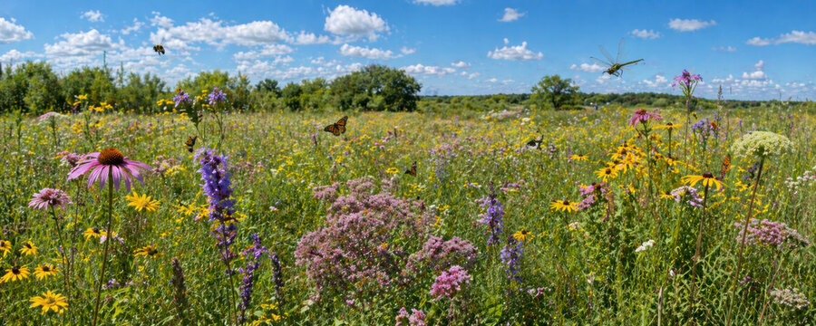 Native Wildflower Prairie Meadow Supporting Pollinators and Biodiversity