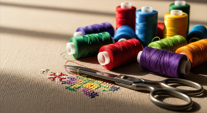 Vibrant spools of thread and scissors on textured fabric, a creative needlework and crafting scene with ample copy space