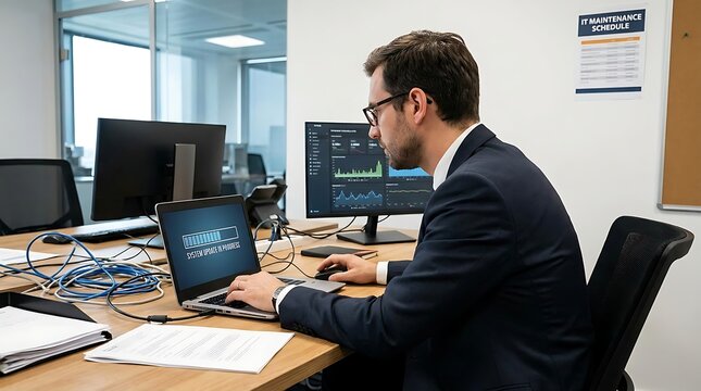 Professional IT specialist working on laptop in modern office, system administrator troubleshooting network issues, data analyst monitoring servers