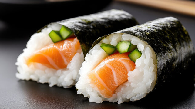Salmon onigiri, fresh Japanese rice triangles wrapped in dark green nori seaweed, ready for a delicious and healthy Asian quick meal or convenient snack on a bamboo mat