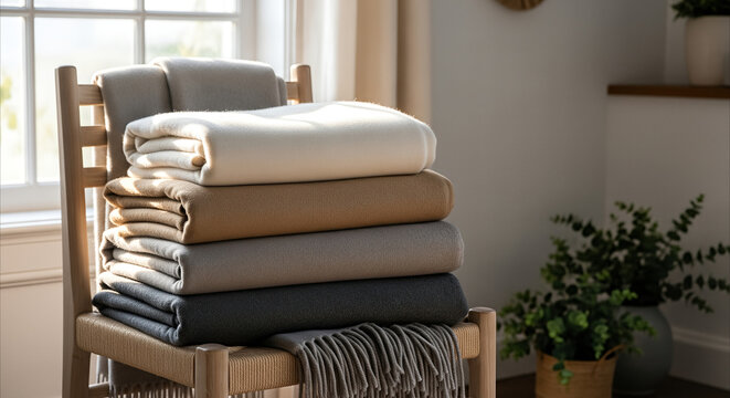 Stacked woolen blankets in earthy tones on a wooden chair, creating a cozy Scandinavian home atmosphere with natural light