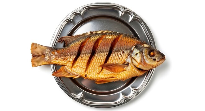 Whole fried fish with crispy golden skin served on a silver platter whole fish seafood
