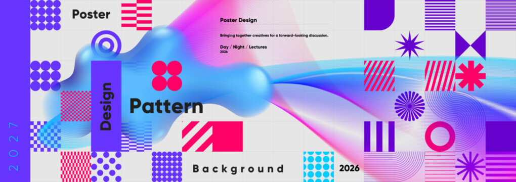 Dynamic poster design featuring abstract geometric patterns in vibrant blue, pink, and purple hues. The composition includes fluid shapes and bold typography, creating a modern aesthetic.