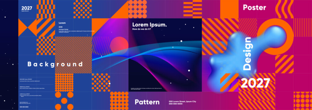 A dynamic and colorful abstract design featuring geometric patterns and vibrant gradients. The composition includes text elements and futuristic motifs, ideal for modern design projects.
