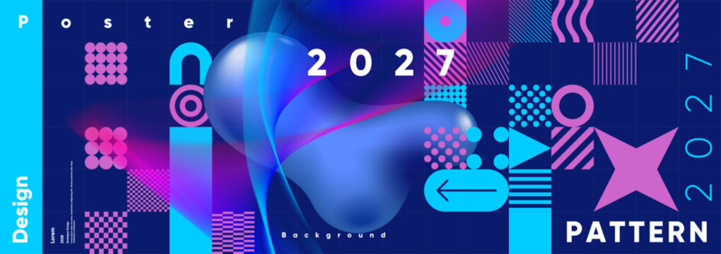 Colorful geometric design featuring abstract shapes and patterns in blue and pink hues. The composition includes circles, lines, and arrows, creating a modern aesthetic.