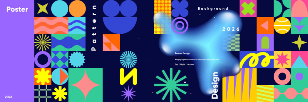 Colorful geometric shapes and patterns create a dynamic and modern design. Perfect for creative projects, this illustration features bold colors and abstract forms.