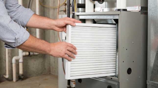 Homeowner changing the air filter in a residential heating and cooling HVAC system