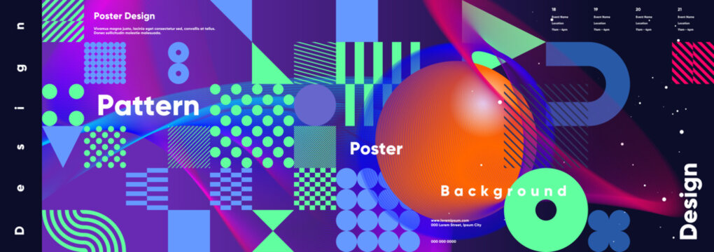 Colorful geometric shapes and patterns create a dynamic and modern design. The vibrant composition features circles, stripes, and gradients, ideal for creative projects.