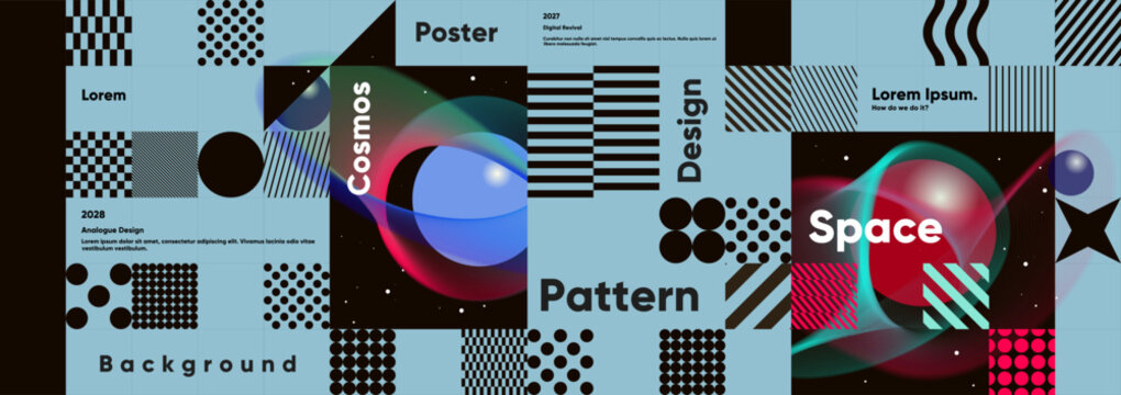 Abstract geometric design featuring bold patterns and cosmic elements. The composition includes circles, lines, and text, creating a dynamic and modern visual experience.