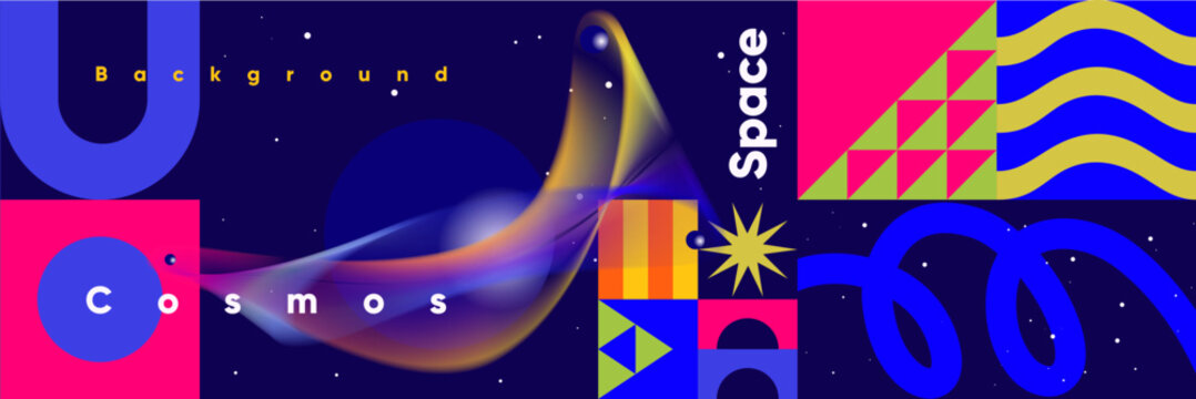 Abstract cosmic illustration featuring vibrant geometric shapes and fluid lines against a deep blue background. Perfect for modern design projects and creative concepts.