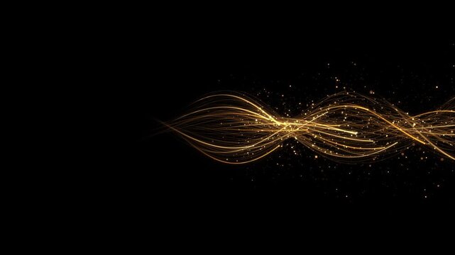 Golden confetti wave wallpaper. Gold sparkles and glitter particles on black background. Shiny swoosh decoration for Christmas, birthday, holiday party bokeh particles effect