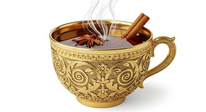 Steaming hot beverage in a decorative golden cup with star anise and cinnamon sticks hot drink coffee