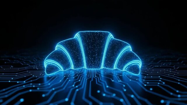 Digital Croissant Glowing Blue On Circuit Board Tech Possibly For Website Design Tech Blog Set Against Dark Background For Design