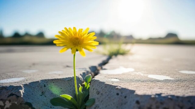 Yellow Flower Blooming Emerging From Crack In Concrete On Sunny Day With Green Foliage Blurred Scenery Resilience Growth Usable For Inspirational Content