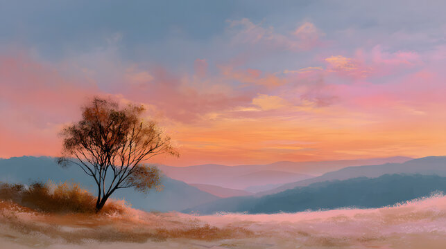 Minimal landscape under soft pastel sunset colors 