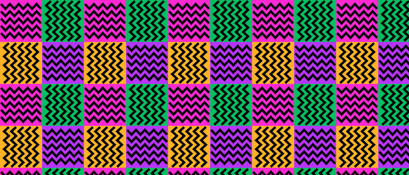 Traditional african kente inspired zigzag pattern with bold orange green and purple color blocks.