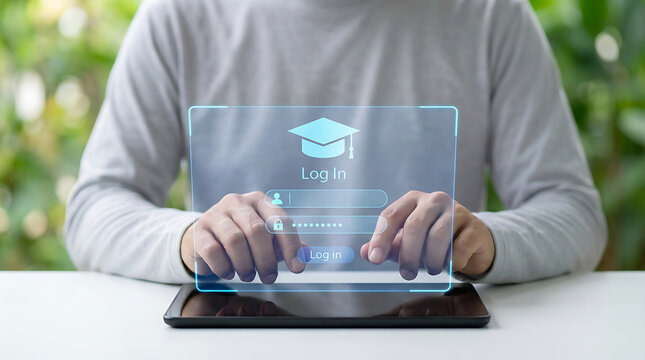 Student logging into online education portal on digital tablet with futuristic holographic graduation cap interface