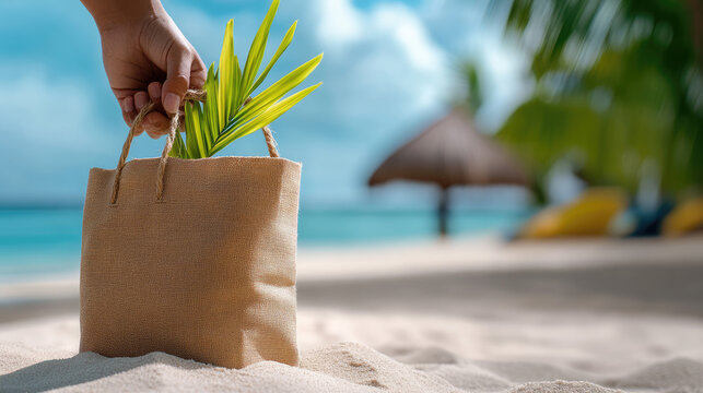 Hand holding a small burlap sack on a tropical white sand beach during summer vacation, symbolizing saving money for future travel, investment, or a holiday budget