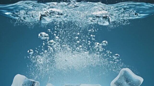 Ice cube plunging into water creating splash against gradient blue background