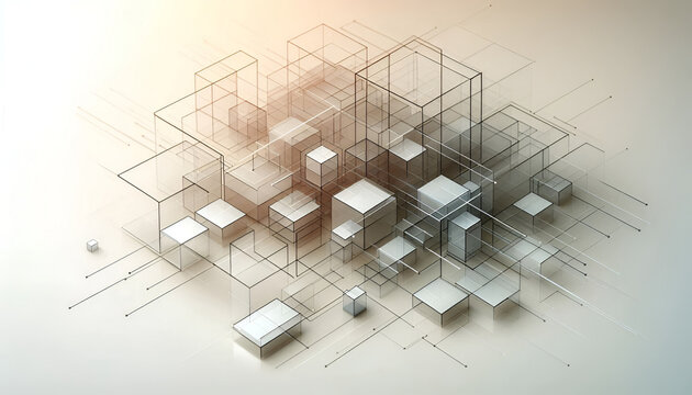 Transparent geometric cubes and wireframe structure abstract technology background with light gradient futuristic data network concept digital transformation visualization