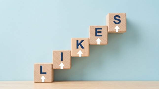Wooden blocks spelling likes with upward arrows showing social media growth and popularity.