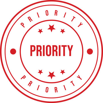 A vibrant red circular stamp featuring the word PRIORITY in bold lettering, adorned with small stars