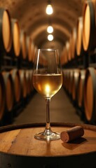 Naklejka premium Glass of white wine sits on wooden barrel in wine cellar. Rows of aged wine casks stretch into darkness. Soft lights illuminate distillery interior. Cork lies nearby.
