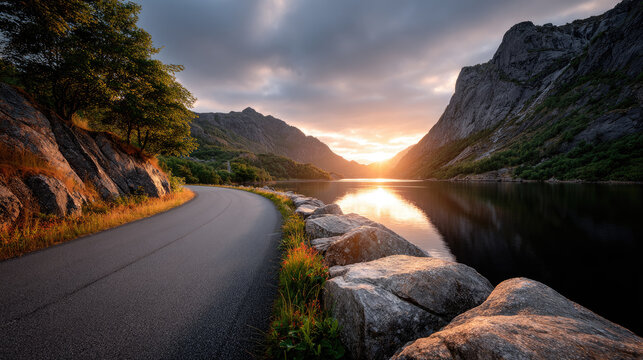 Winding asphalt road creating a beautiful curve beside a tranquil body of water, flanked by steep, forested mountains under a captivating sunset with golden light and soft clouds