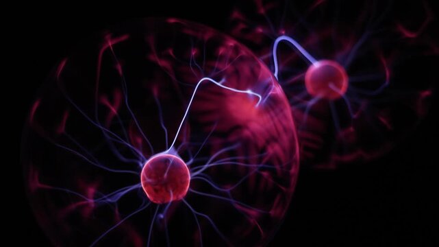 Dynamic plasma ball discharge with blue and purple neon lightning in motion