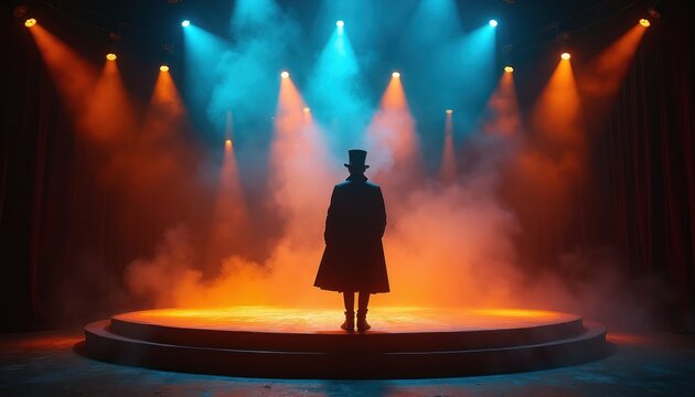 Man in top hat and coat stands on circus stage. Dramatic lights and smoke create mysterious atmosphere. Performance show in theater, entertainment event.
