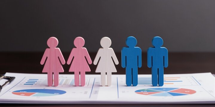 Wooden figures symbolize gender diversity and equality. Statistics and charts show differences in representation across sectors and pay scales. Men and women stand on reports.