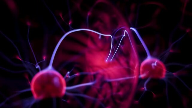 Dynamic plasma ball discharge with blue and purple neon lightning in motion