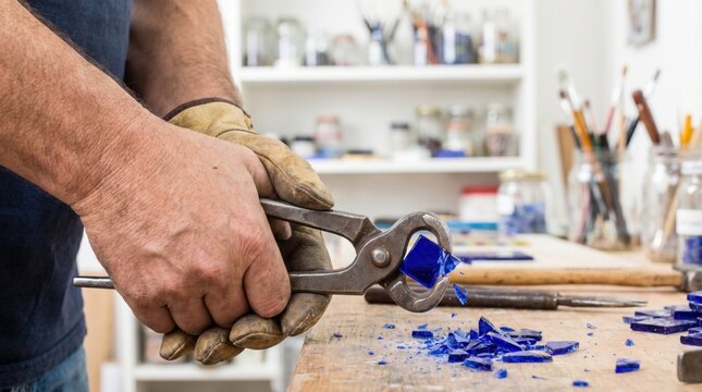Artisan wearing leather gloves using tile nippers to break blue glass pieces in a workshop