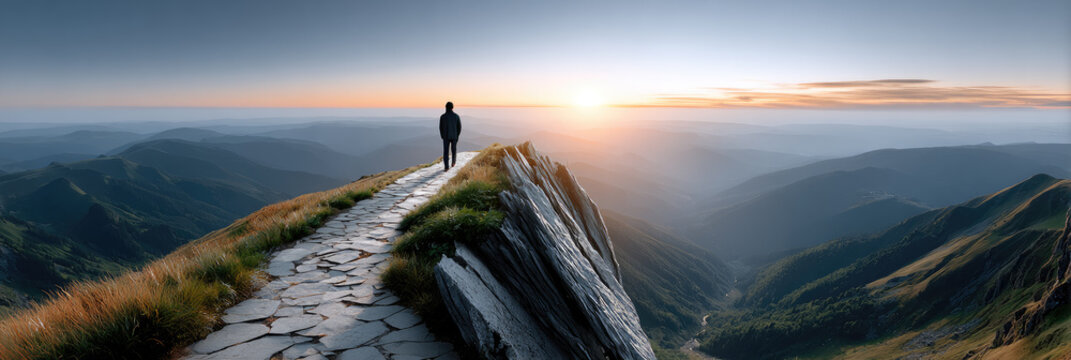 Backpacker walking on a narrow mountain ridge at sunrise, finding inspiration and adventure while exploring the immense natural landscape and overcoming challenges