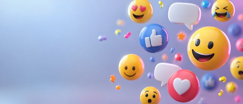 Glossy 3D smiley faces with speech bubbles, heart and thumbs up reaction icons, floating confetti on soft pastel gradient background with copy space.