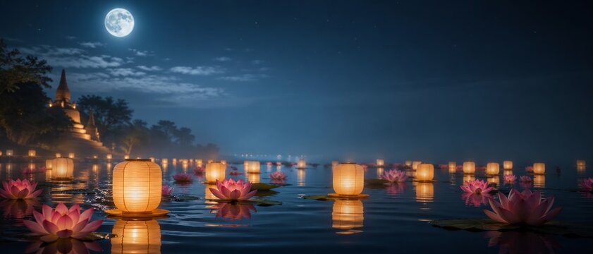 Moonlit lake with glowing floating lanterns, pink lotus flowers, distant temple silhouette and reflections under a serene starry night sky.