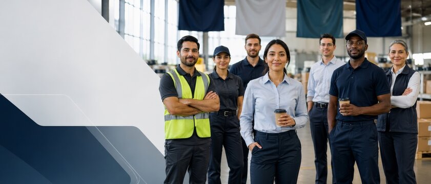 Confident warehouse team standing in modern logistics facility with uniforms, safety vest, coffee cups and large abstract copy space panel.