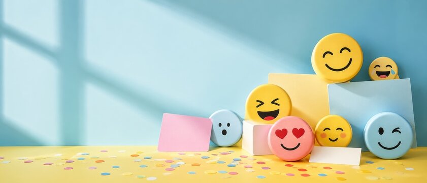 Colorful smiley face discs on pastel blocks with confetti, blue wall, yellow tabletop, window shadows and copy space in playful 3D style